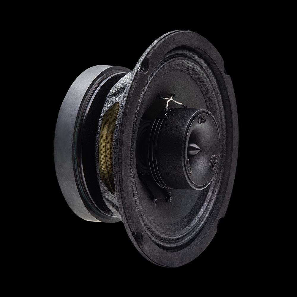 VO-X6.5 Photo, side angle to show close up, the tweeter, cone, and surround, basket and ferrite motor.