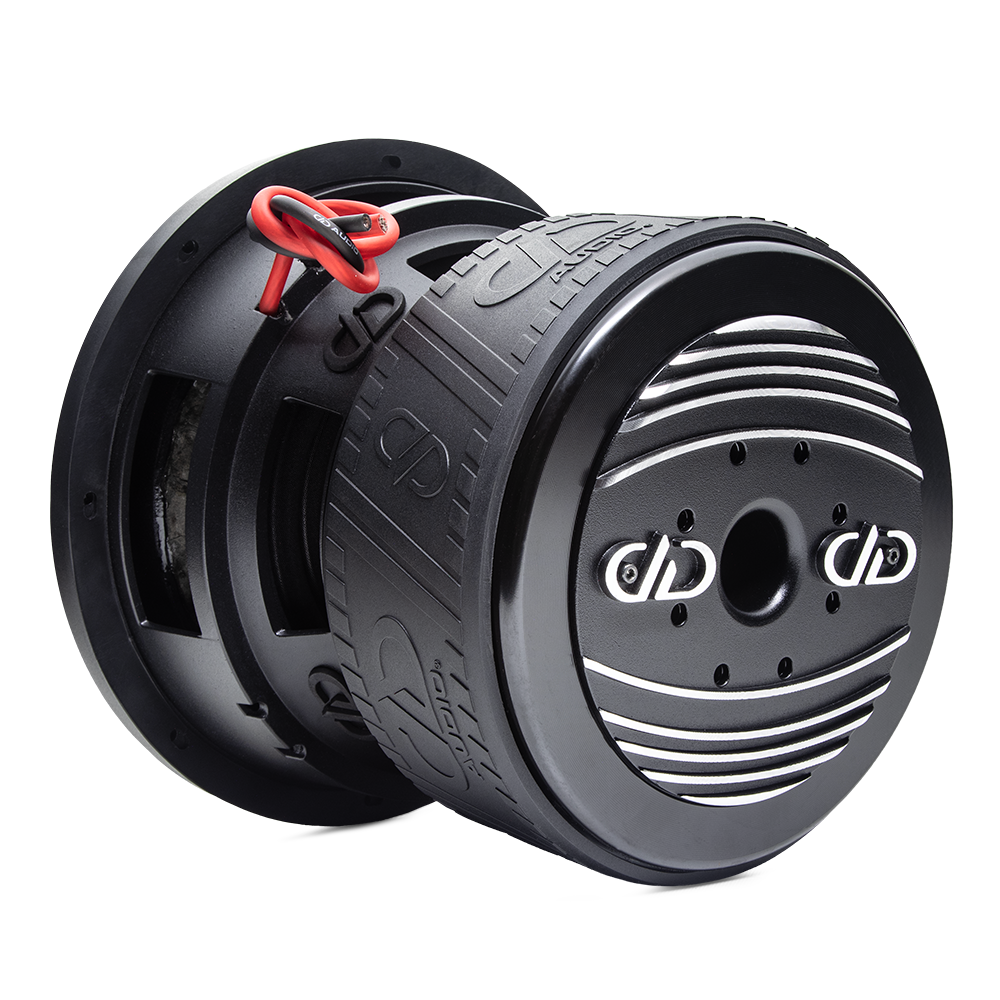 9510L - 10 Inch 9500 Series Subwoofer - Photo angled back to front down right side, showing motor heatsink, boot, basket, leads, all adorned in trademark DD AUDIO embossing.