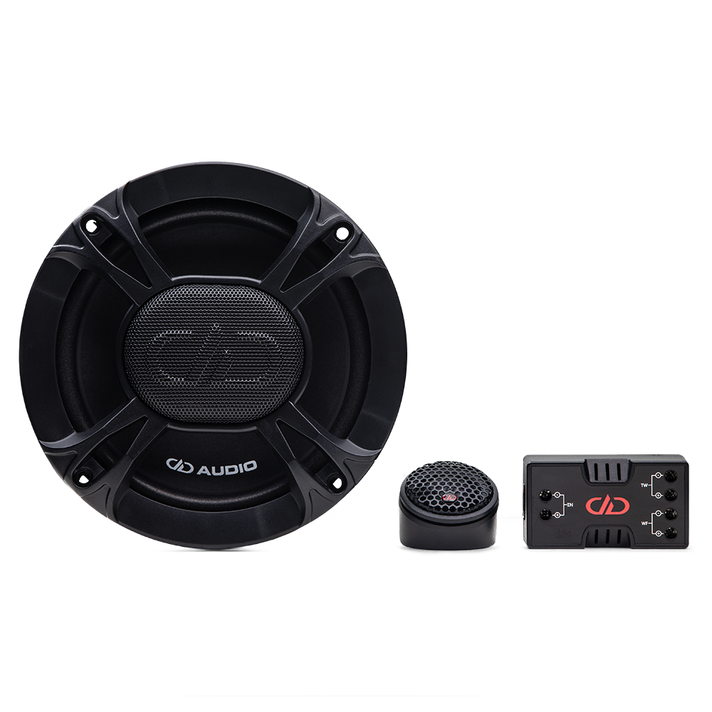 E-C6.5b Photo showing Woofer, Tweeter, and Crossover components together in one shot all facing forward.