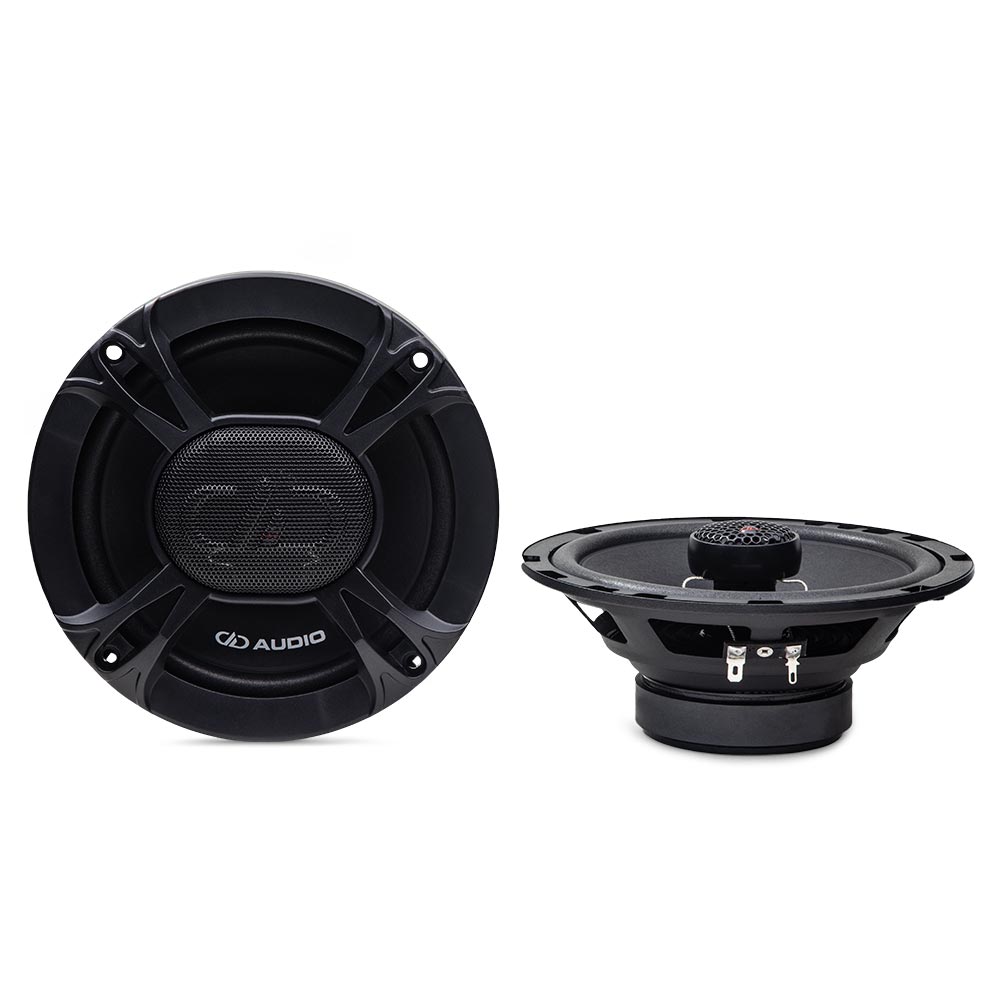 E-X6.5b Photo - two speakers - one speaker facing front to show grill, the other angled top to bottom to show the tweeter emerging from the cone, the basket, connectors, and motor