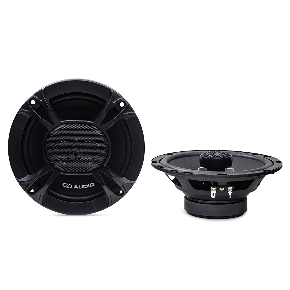E-X6.5b Photo - two speakers - one speaker facing front to show grill, the other angled top to bottom to show the tweeter emerging from the cone, the basket, connectors, and motor