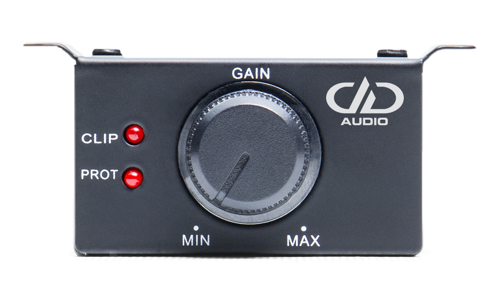 DRMT Remote front facing showing knob, clip light, "prot" protection light, min to max on bottom, gain label on top next to DD AUDIO Logo