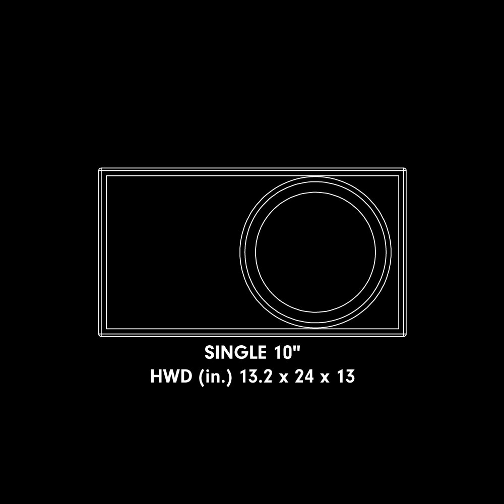 Diagram showing an unloaded enclosure with the text "Single 10 inch enclosure - HWD (in) 13.2 x 24 x 13"