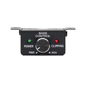 MRMT Remote front facing showing knob, clipping light, power light, min to max on bottom, bass control label on top