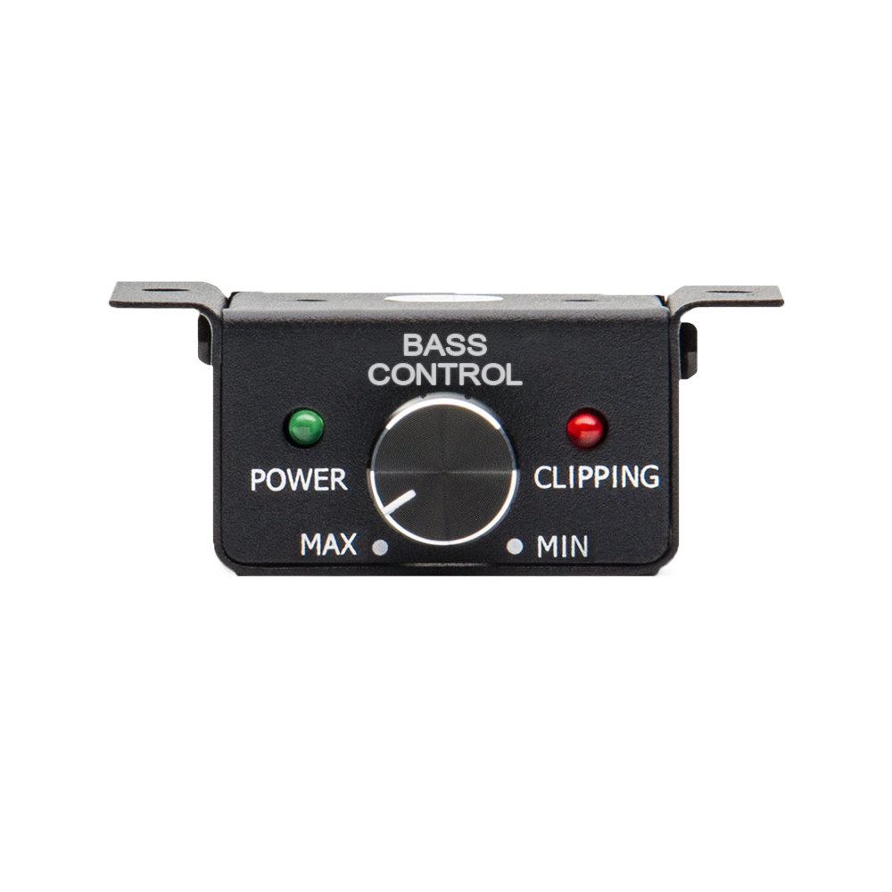 MRMT Remote front facing showing knob, clipping light, power light, min to max on bottom, bass control label on top