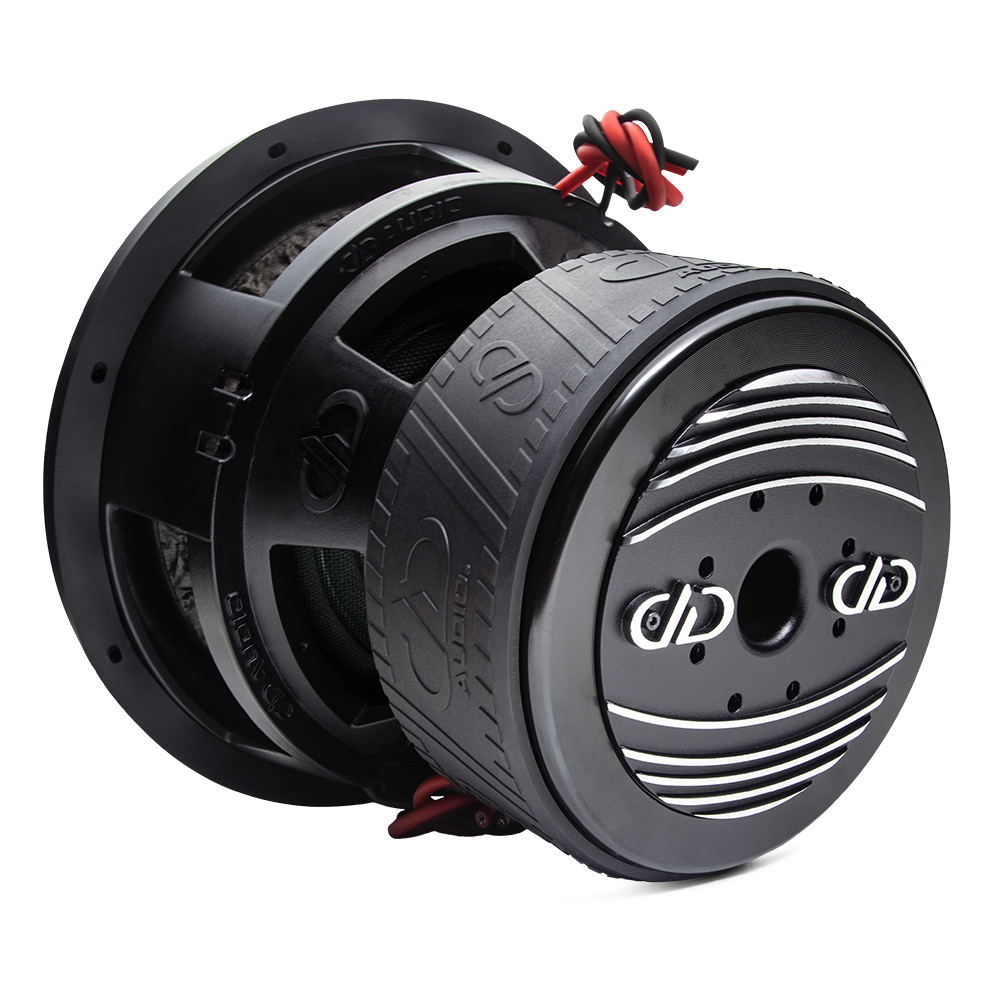 9512L - 12 Inch 9500 Series Subwoofer - Photo angled back to front down right side, showing motor heatsink, boot, basket, leads, all adorned in trademark DD AUDIO embossing.
