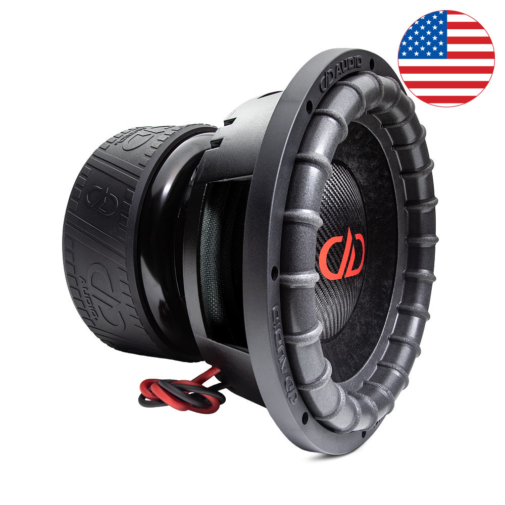 9512L - 12 Inch 9500 Series Subwoofer - Photo angled right to show left, including dustcap, surround, basket, and motor boot with DD AUDIO trademark adorning. - Made in USA flag icon above the woofer