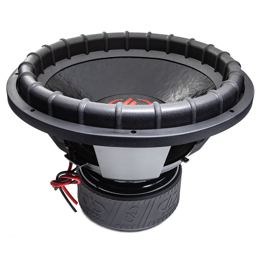 9518L - 18 Inch, 9500 Series Subwoofer - Photo angled top to bottom showing surround, part of dustcap and cone, basket and motor boot with trademark DD AUDIO logo adorning.