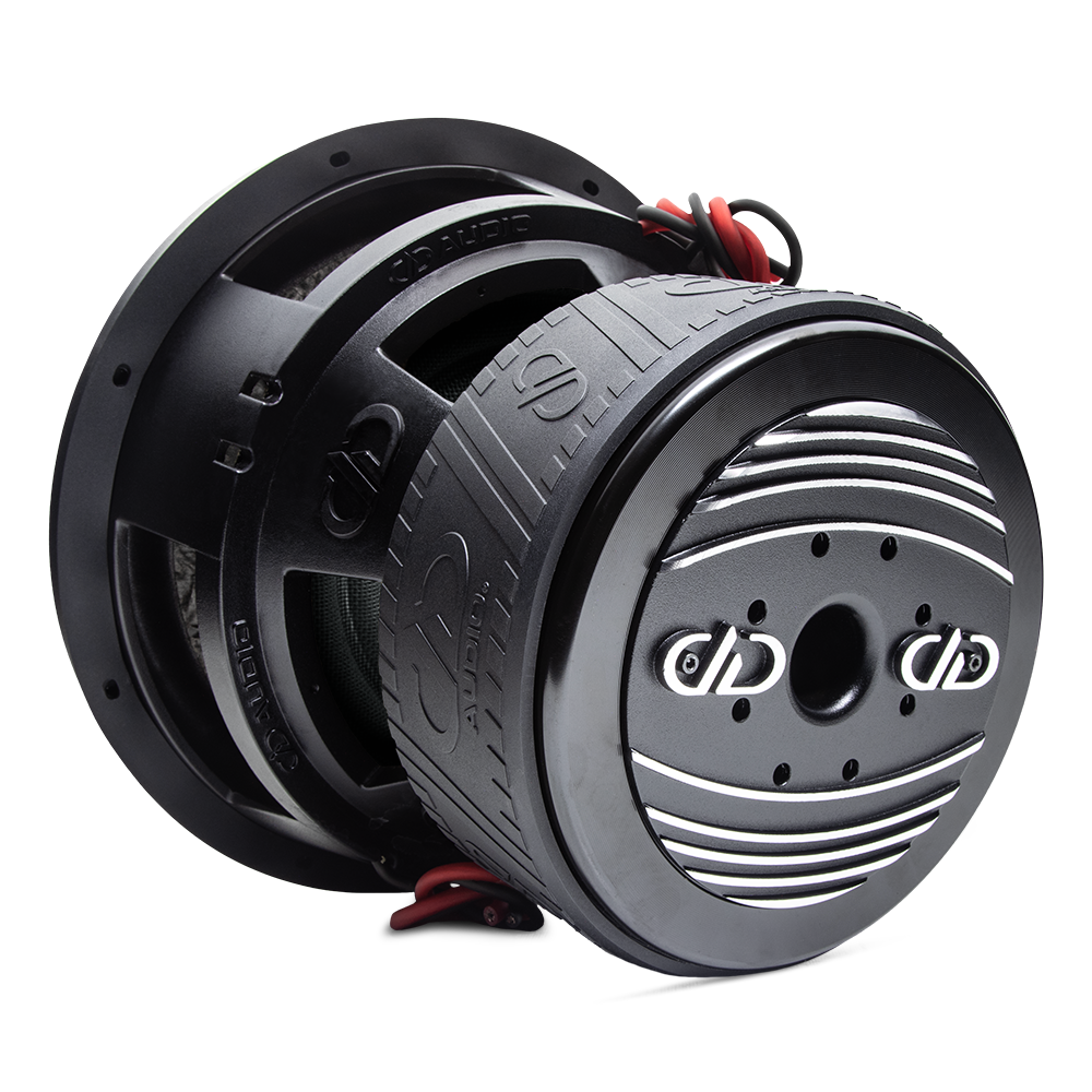 9912C - 12 Inch 9900 Series Subwoofer - Photo angled back to front down right side, showing motor heatsink, boot, basket, leads, all adorned in trademark DD AUDIO embossing.