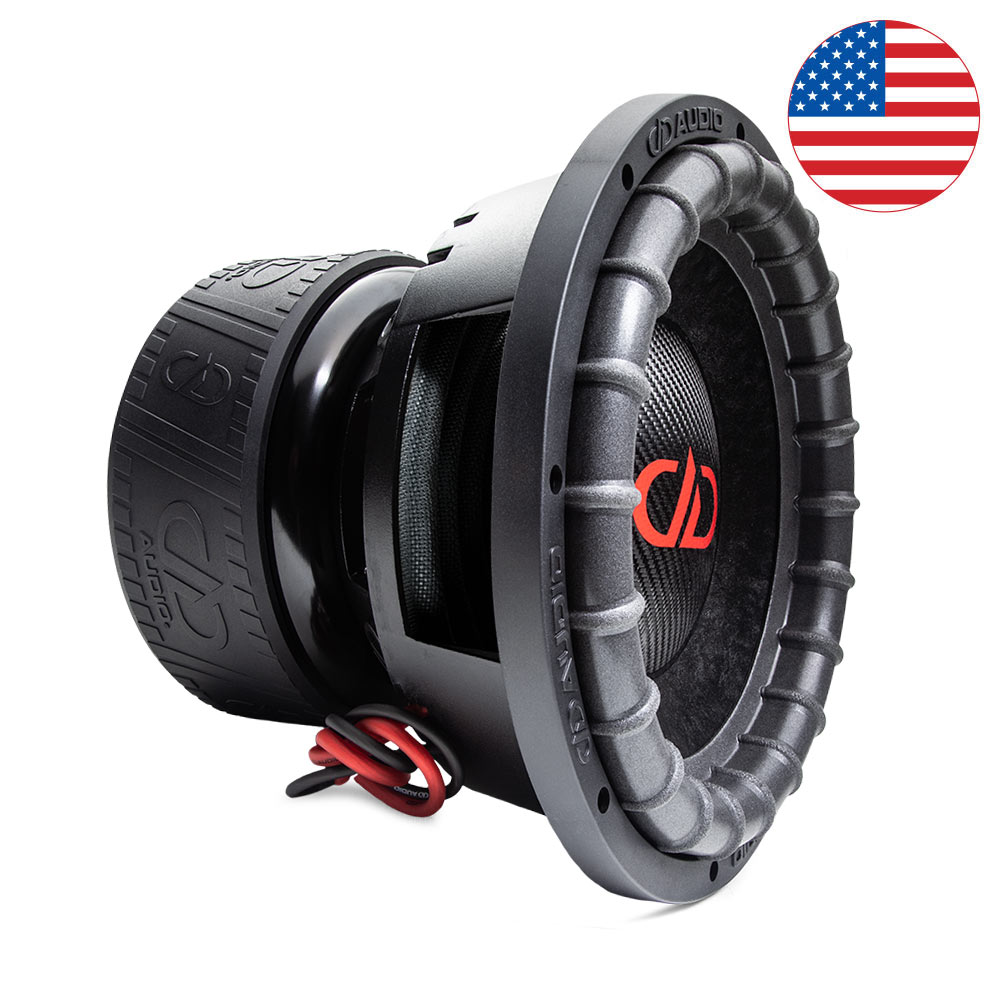 9912c - 12 Inch 9900 Series Subwoofer - Photo angled right to show left, including dustcap, surround, basket, and motor boot with DD AUDIO trademark adorning and Made in USA flag icon.