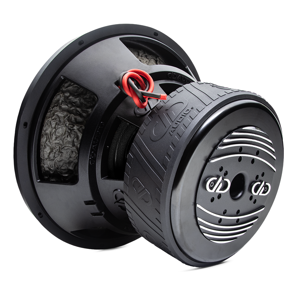 9915C - 15 Inch 9900 Series Subwoofer - Photo angled back to front down right side, showing motor heatsink, boot, basket, leads, all adorned in trademark DD AUDIO embossing.