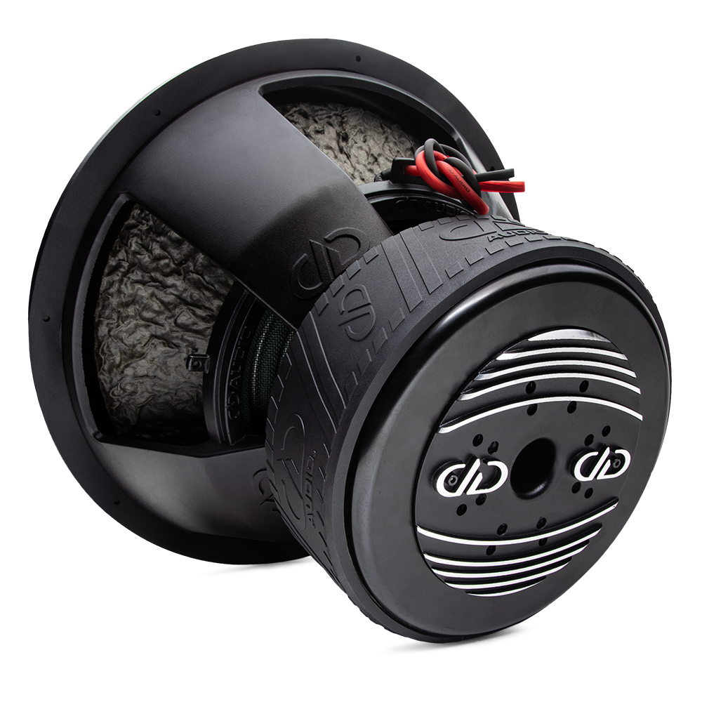 9918C - 18 Inch 9900 Series Subwoofer - Photo angled back to front down right side, showing motor heatsink, boot, basket, leads, all adorned in trademark DD AUDIO embossing.