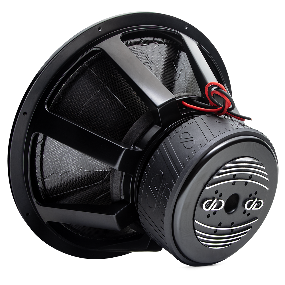 9921C - 21 Inch 9900 Series Subwoofer - Photo angled back to front down right side, showing motor heatsink, boot, basket, leads