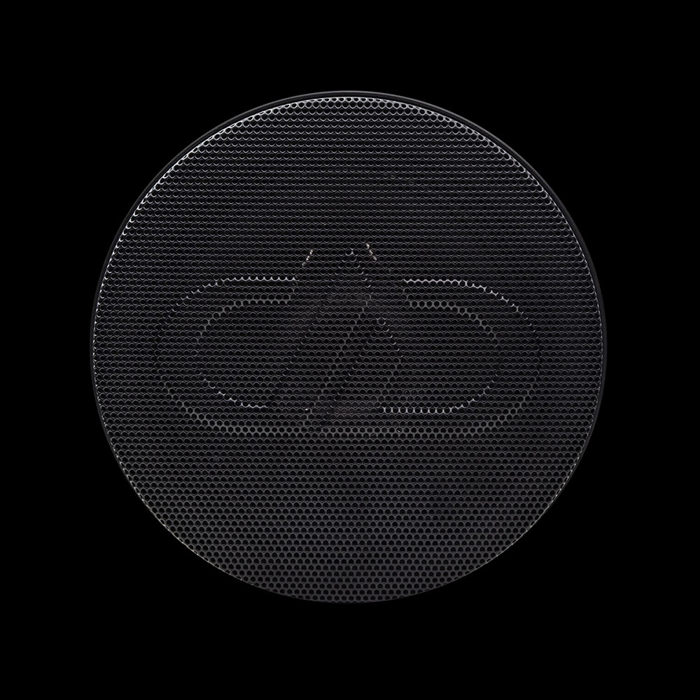 Photo of GRMR-6.5 Mesh Grill on a midrange speaker, facing front to show DD embossed mesh logo