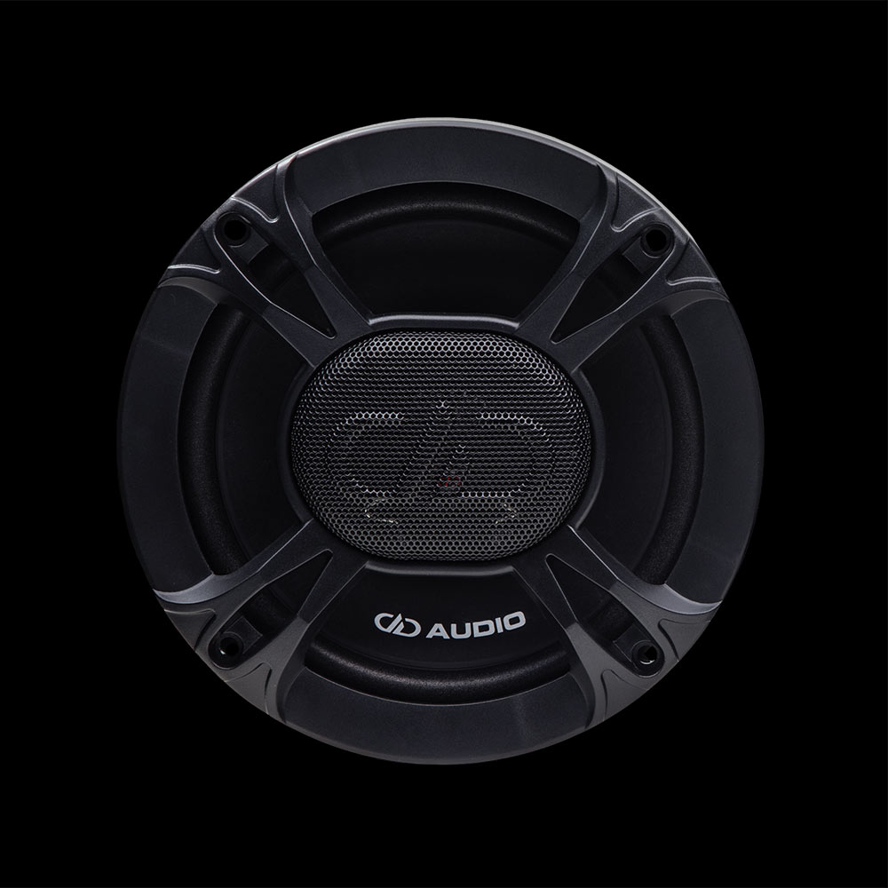 Photo of GRP-6.5 Mesh Grill on a coaxial speaker, facing front to show DD embossed mesh logo