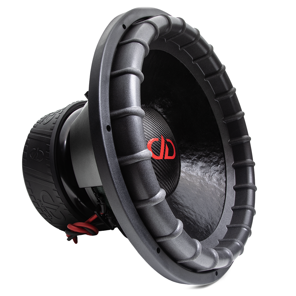 9918c - 18 Inch 9900 Series Subwoofer - Photo angled right to show left, including dustcap, surround, basket, and motor boot with DD AUDIO trademark adorning.