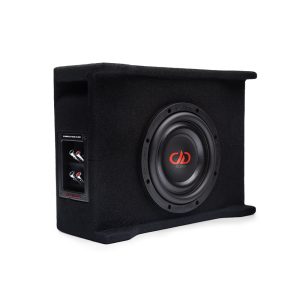 Photo of LE-DF-LS608.1 Loaded Enclosure facing front to show SL608 subwoofer in box with connection panel on side