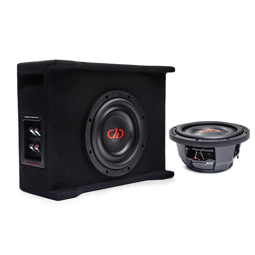 Photo of two VO-MX206s; one angled bottom up, to show the frame, motor, boot and backplate sticker - "VO-MX206, 4 Ohm, 150 Watts RMS, DD AUDIO"; the other angled to show cone, dustcap, and part of motor