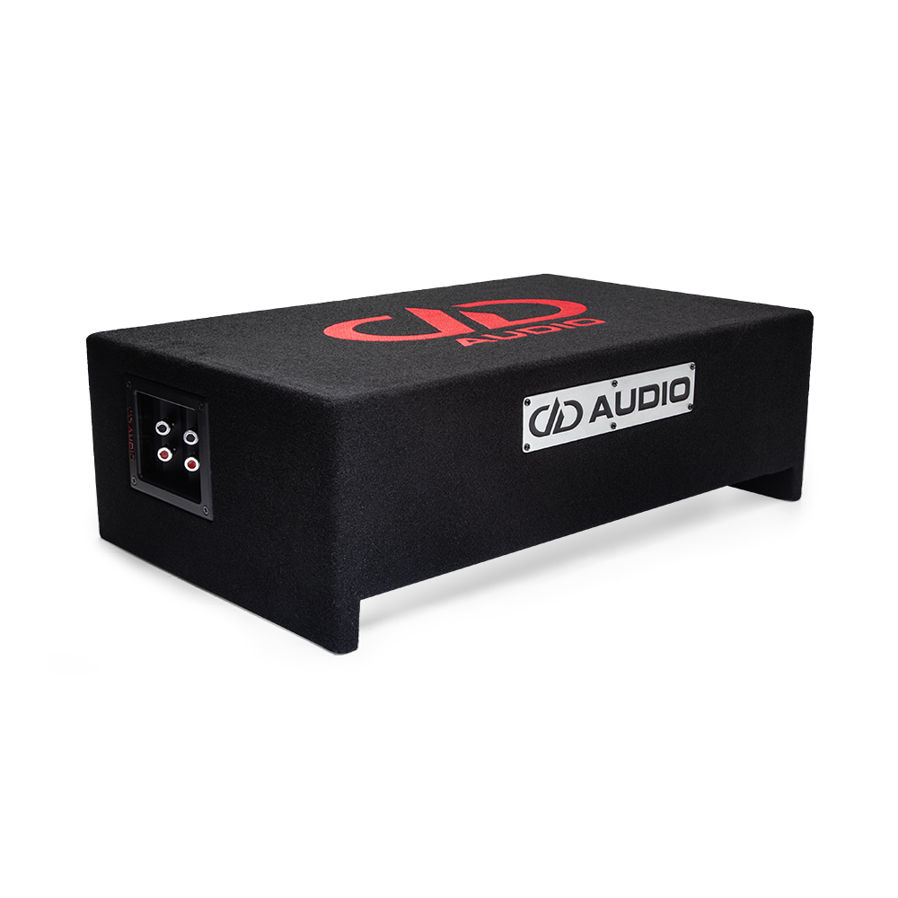 Photo of LE-DF-LS610.1 Loaded Enclosure on side to show slim profile, and metal DD AUDIO logo plate with embroidered DD logo on top