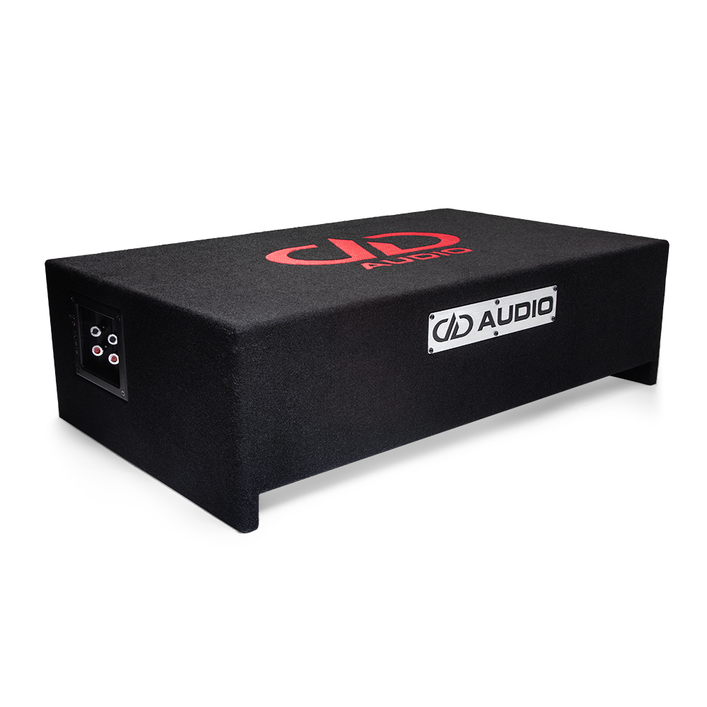 Photo of LE-DF-LS612.1 Loaded Enclosure on side to show slim profile, and metal DD AUDIO logo plate with embroidered DD logo on top