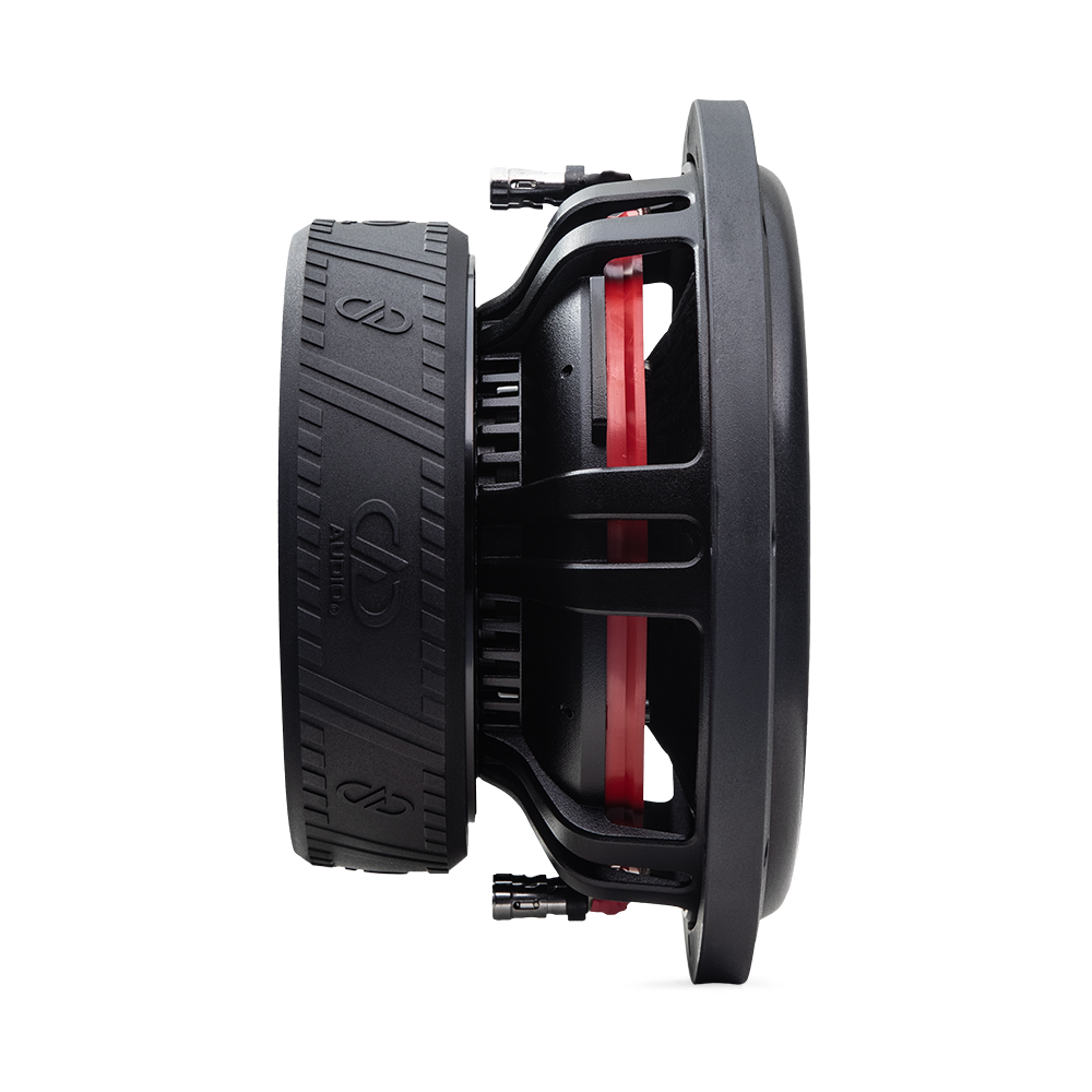 Photo of two VO-M208s; one angled bottom up, to show the frame, motor, boot and backplate sticker - "VO-M208, 4 Ohm, 150 Watts RMS, DD AUDIO"; the other angled to show cone, dustcap, and part of motor