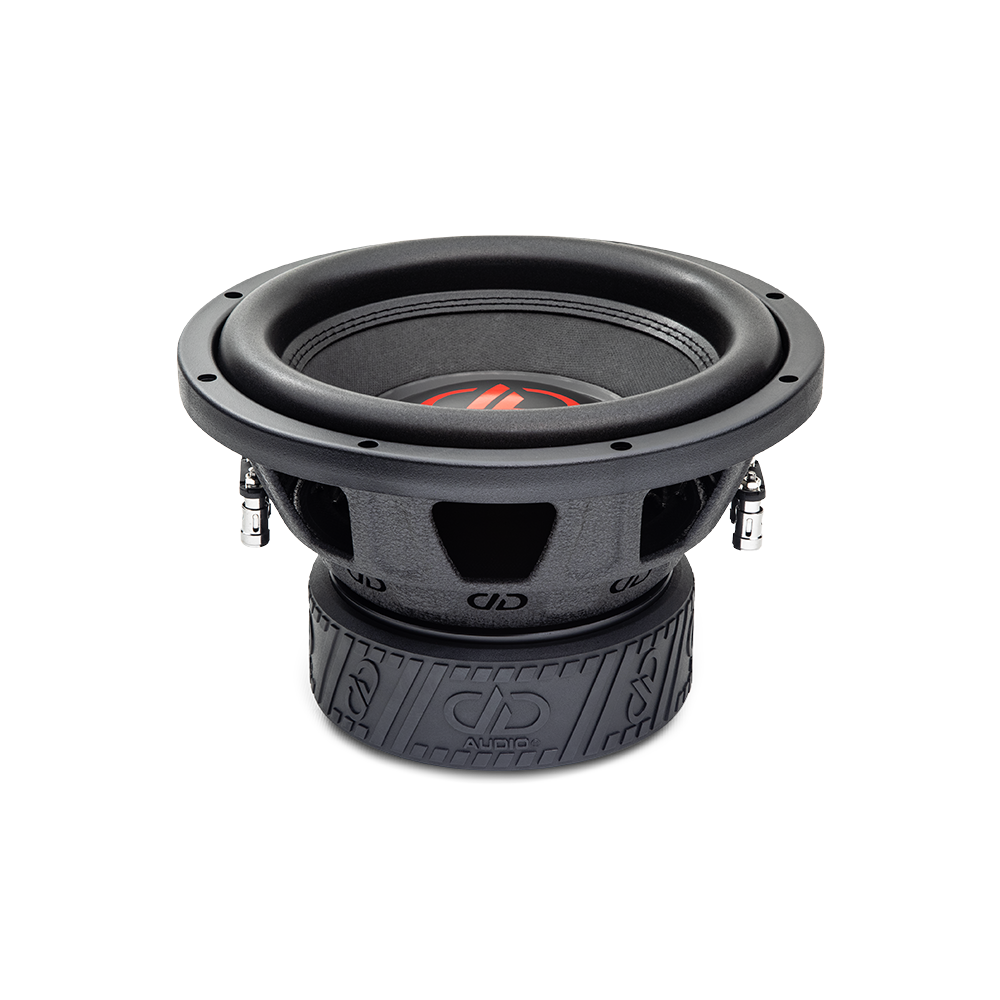 Photo of 10 inch 300 series subwoofer angled top to bottom to show motor, basket, surround, dustcap and cone