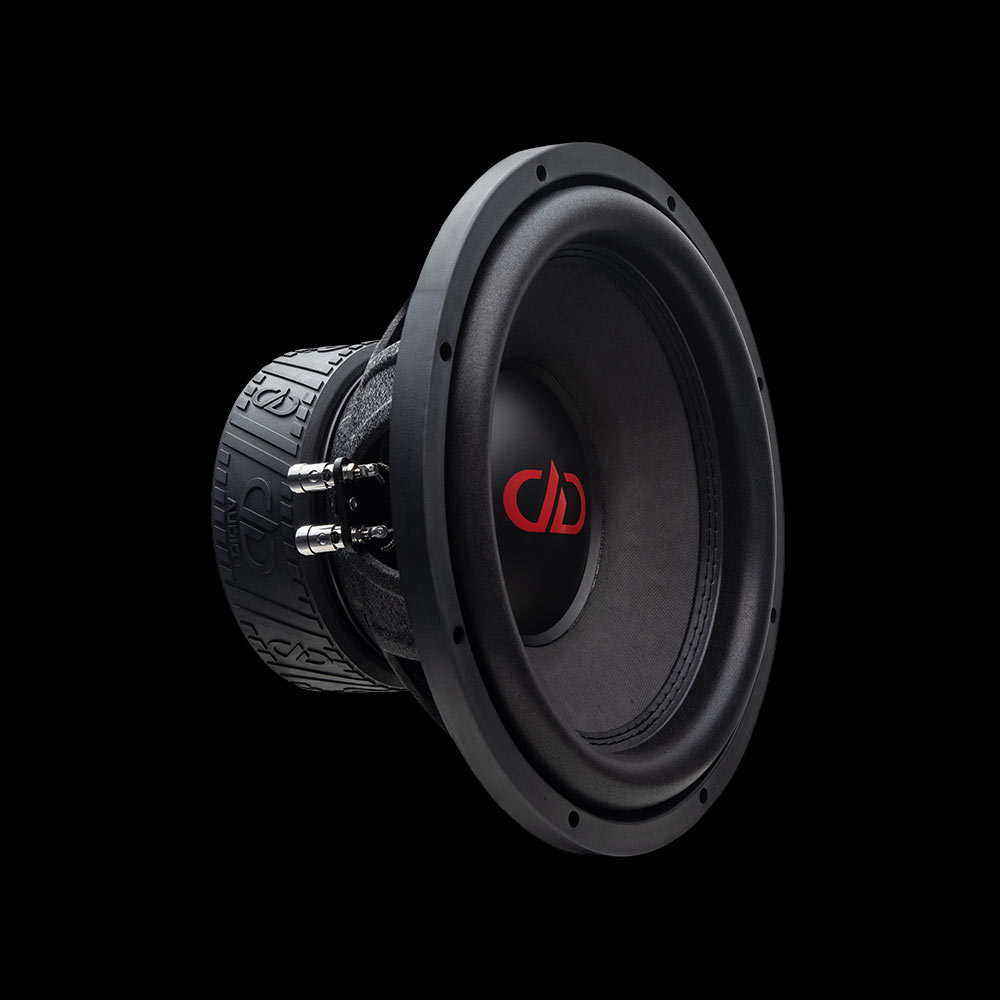 Photo of 12 inch 300 series subwoofer angled right to show part of motor, surround, dustcap and cone