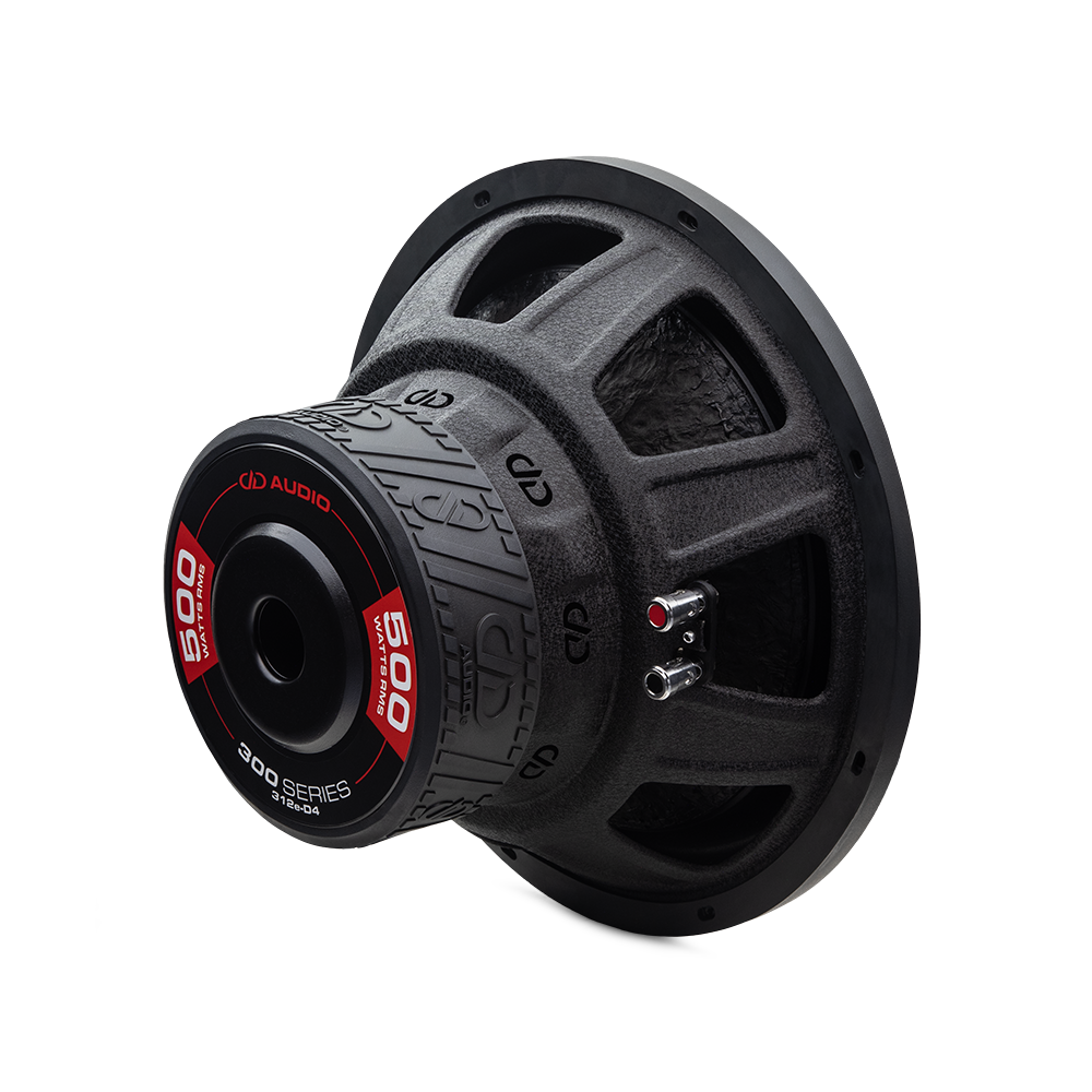 Photo of 12 inch 300 series subwoofer angled back to right to show motor, basket, and cone