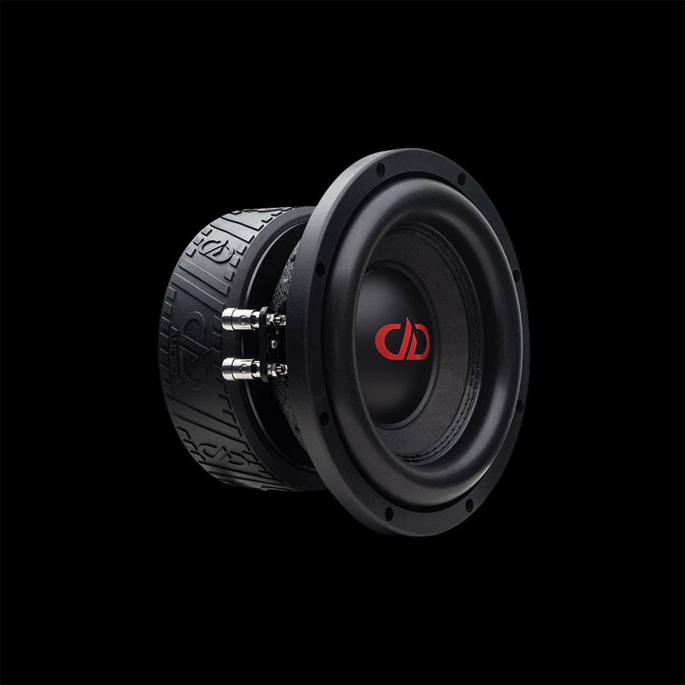 Photo of 8 inch 500 series subwoofer angled right to show part of motor, surround, dustcap and cone
