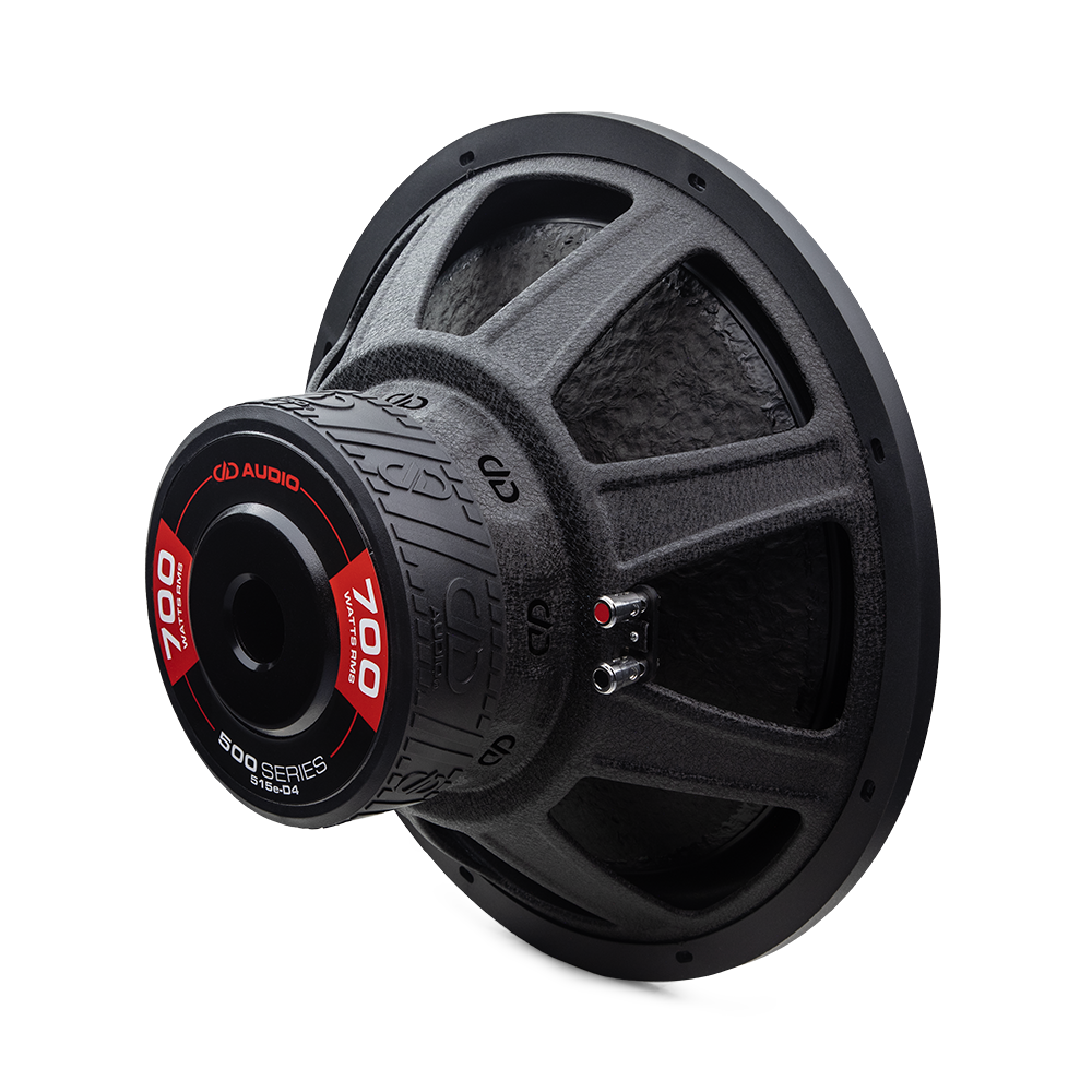 Photo of 15 inch 500 series subwoofer angled back to right to show motor, basket, and cone