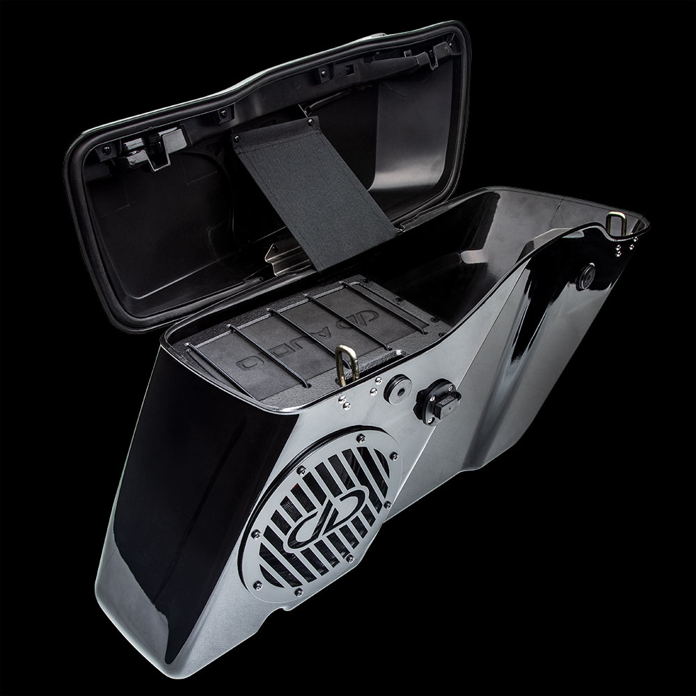 Photo of HD8-SBKa showing kit mounted in open bag with speaker (not included) on black background