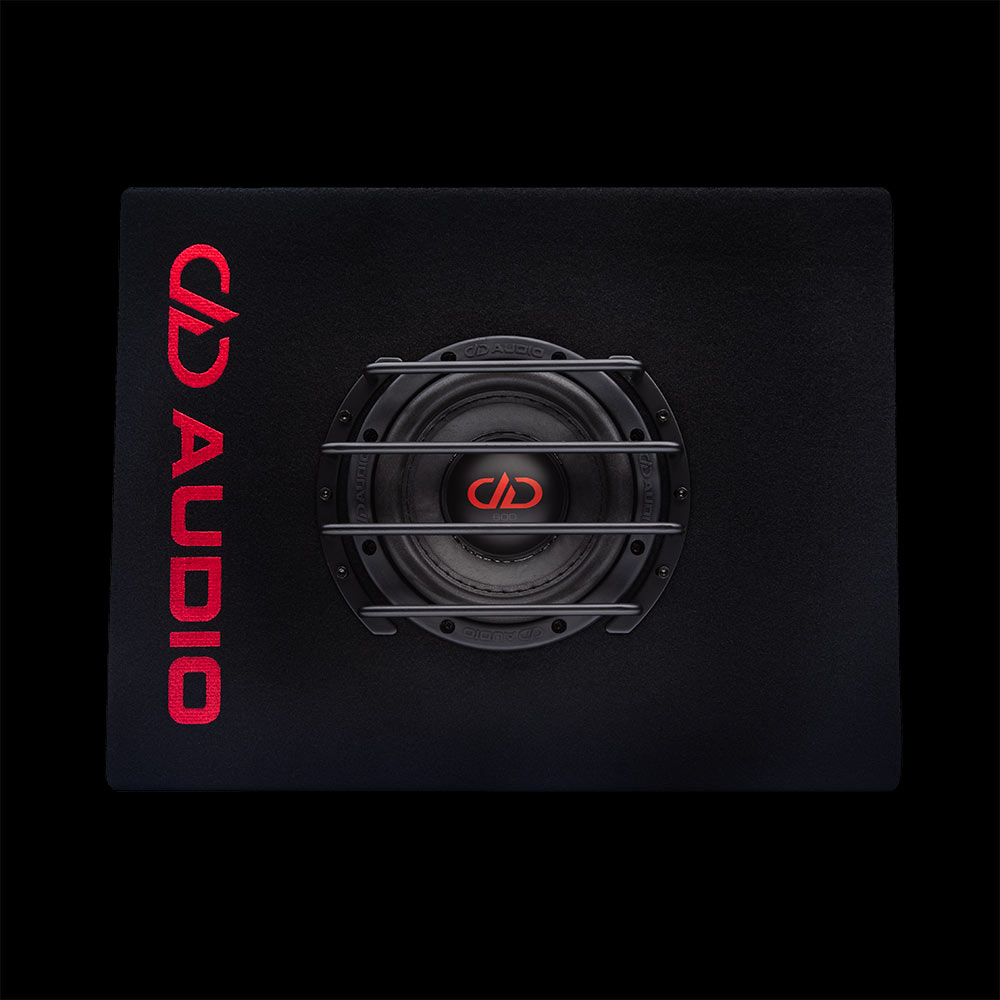 LE-ST06 Loaded Enclosure for tight spaces, front facing to show sub, grill, DD AUDIO Embroidered logo