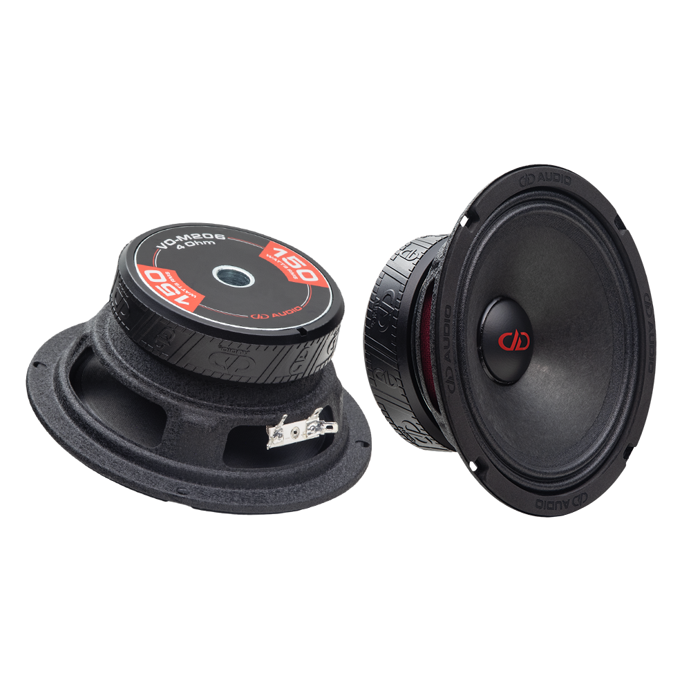 Photo of two VO-M206s; one angled bottom up, to show the frame, motor, boot and backplate sticker - "VO-M206, 4 Ohm, 150 Watts RMS, DD AUDIO"; the other angled to show cone, dustcap, and part of motor