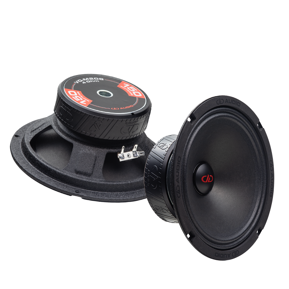 Photo of two VO-M208s; one angled bottom up, to show the frame, motor, boot and backplate sticker - "VO-M208, 4 Ohm, 150 Watts RMS, DD AUDIO"; the other angled to show cone, dustcap, and part of motor