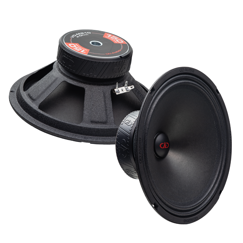 Photo of two VO-M210s; one angled bottom up, to show the frame, motor, boot and backplate sticker - "VO-M210, 4 Ohm, 150 Watts RMS, DD AUDIO"; the other angled to show cone, dustcap, and part of motor
