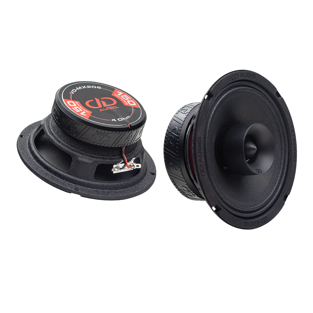 Photo of two VO-MX206s; one angled bottom up, to show the frame, motor, boot and backplate sticker - "VO-MX206, 4 Ohm, 150 Watts RMS, DD AUDIO"; the other angled to show cone, dustcap, and part of motor
