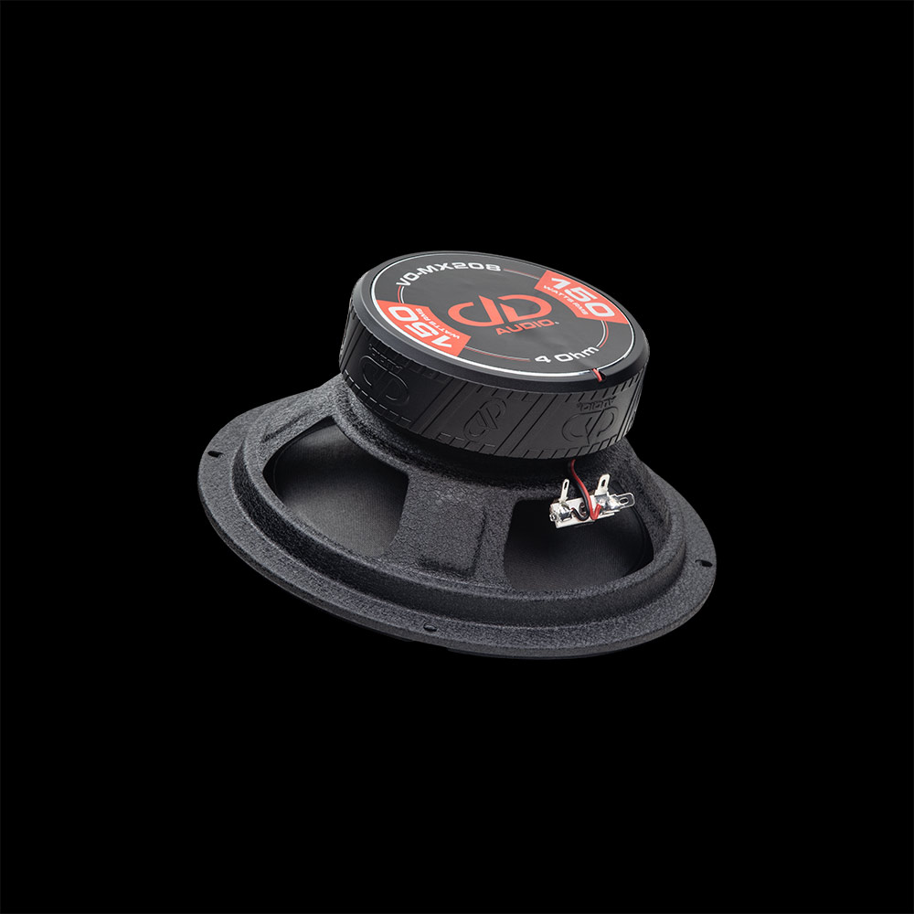 Photo of VO-MX208 angled bottom up, to show the frame, motor, boot and backplate sticker - "VO-MX208, 4 Ohm, 150 Watts RMS, DD AUDIO"