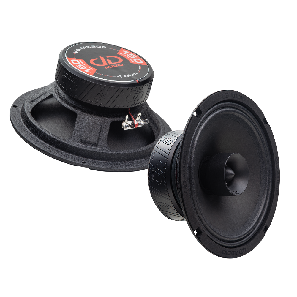 Photo of two VO-MX208s; one angled bottom up, to show the frame, motor, boot and backplate sticker - "VO-MX208, 4 Ohm, 150 Watts RMS, DD AUDIO"; the other angled to show cone, dustcap, and part of motor