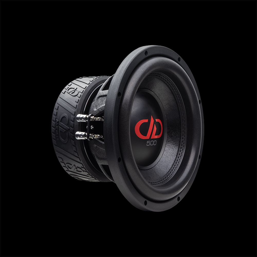 Photo of 510e Subwoofer angled front to back to show cone, dust cap, part of basket and motor