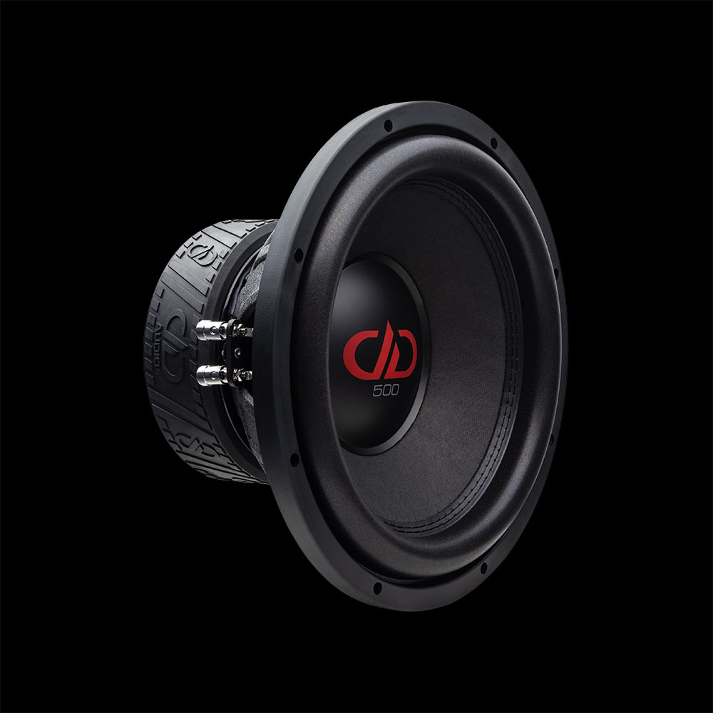 Photo of 512e Subwoofer angled front to back to show cone, dust cap, part of basket and motor