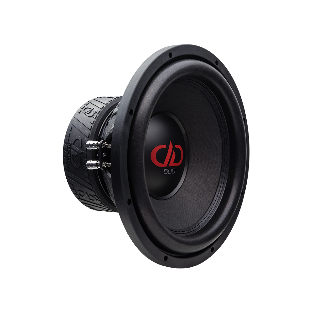 Photo of 512e Subwoofer angled front to back to show cone, dust cap, part of basket and motor