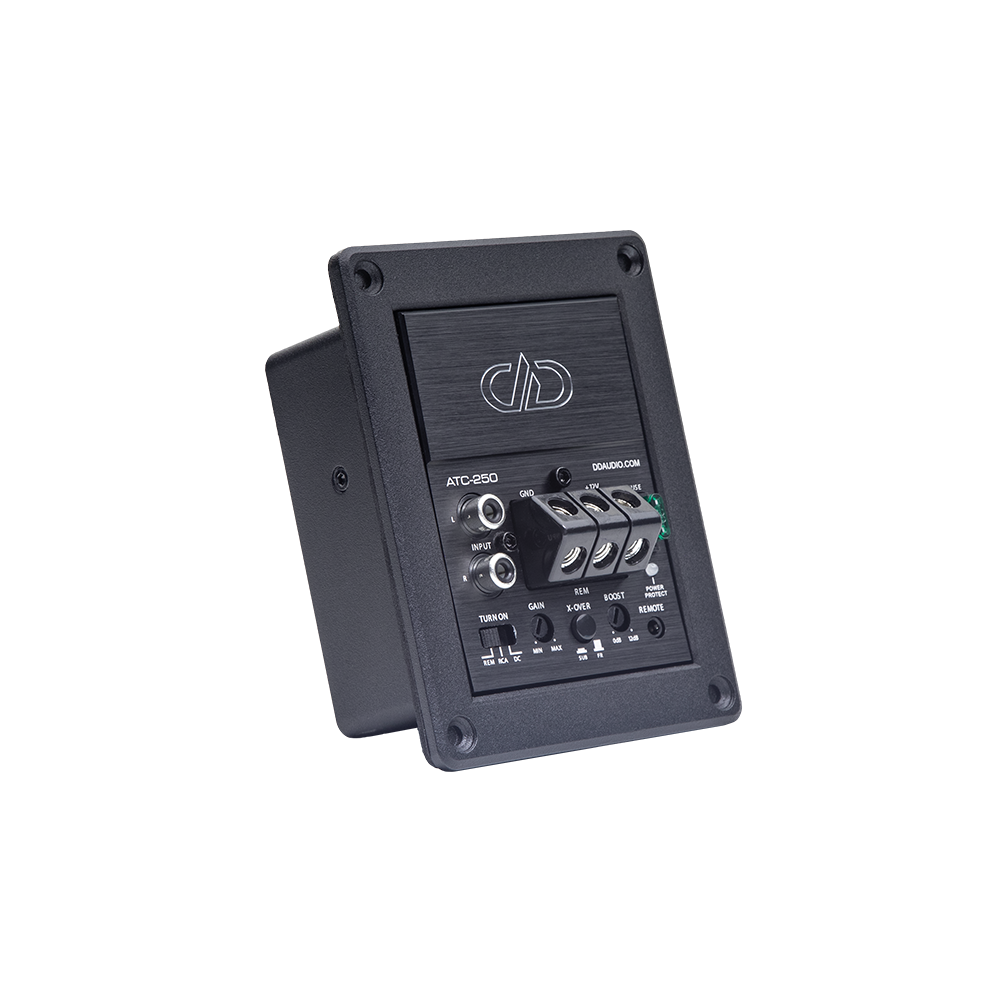 Photo of ATC-250 angled to show depth and framing along with front face - logo, connections, settings