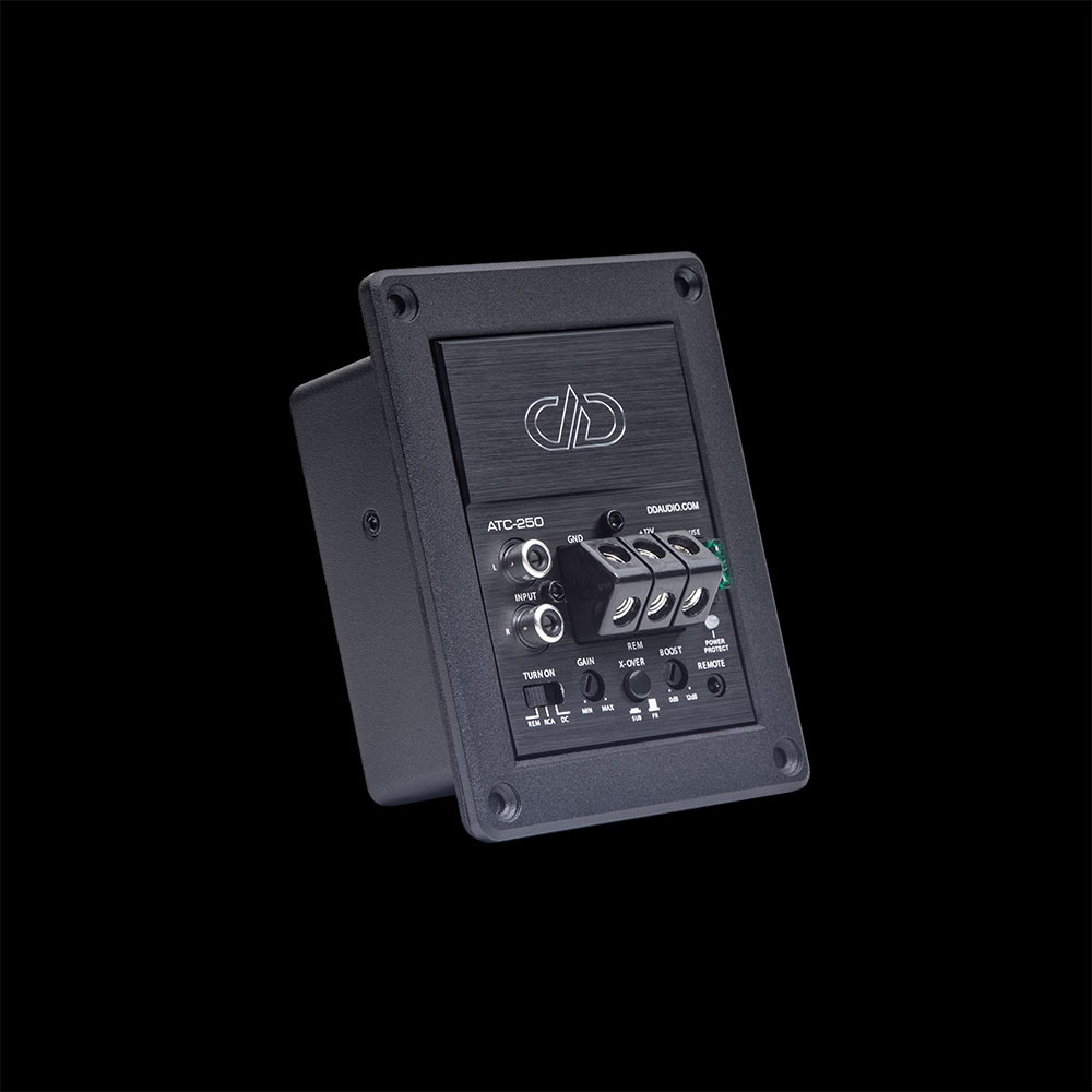 Photo of ATC-250 angled to show depth and framing along with front face - logo, connections, settings