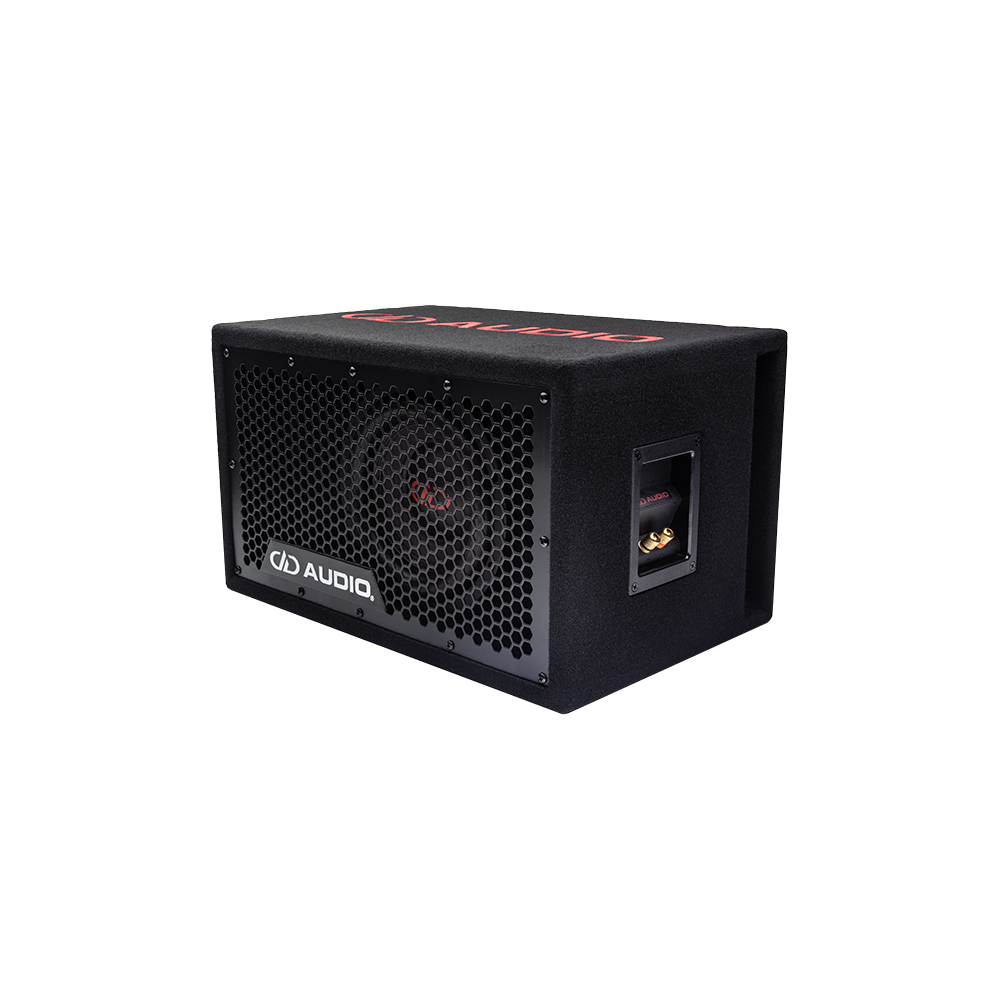LE-508.1a Photo showing enclosure loaded with a single 508e 8 inch subwoofer angled to show logo on top, full grill, connection and port