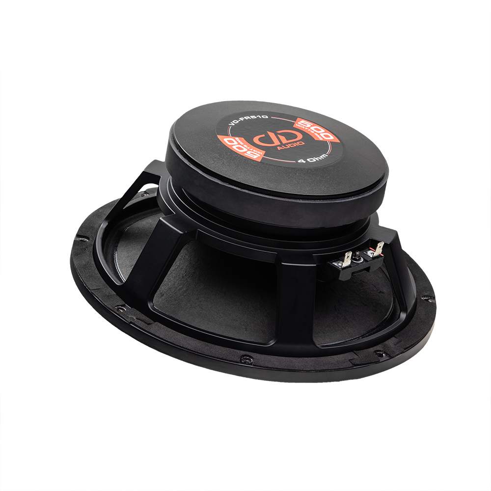 Photo of FR510 taken from bottom to top to show motor with sticker that reads 500 Watts RMS, 4 Ohm, VO-FR510