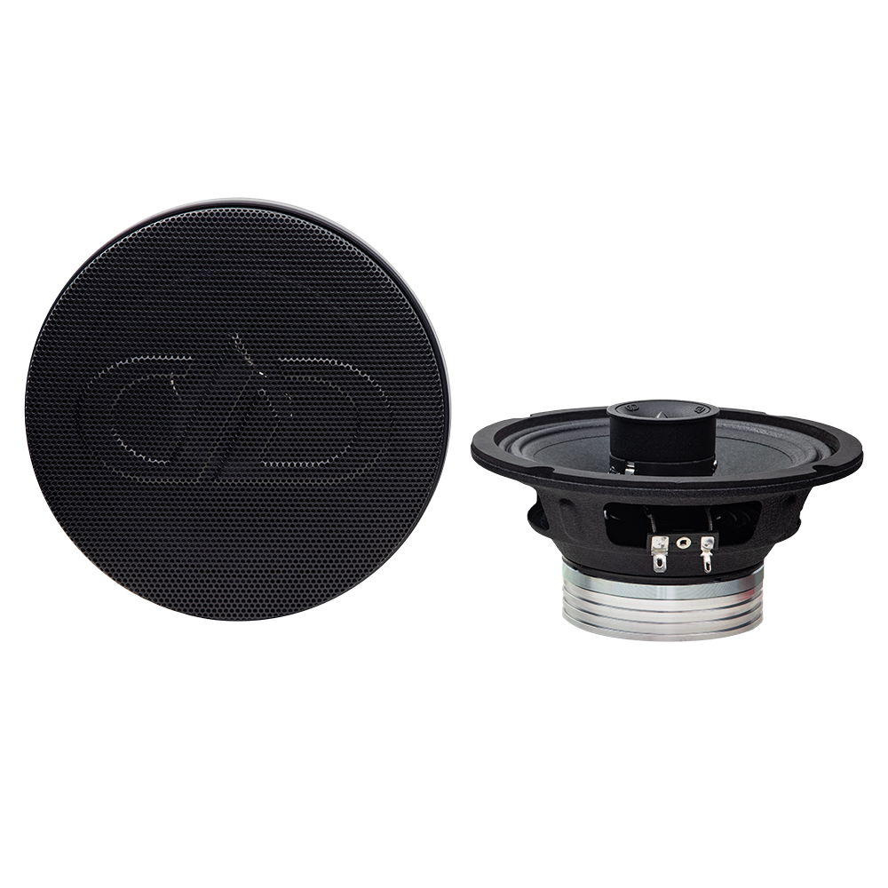 Photo of VO-XN306 pair, first facing front to show grill with embossed logo, the other top to bottom to show tweeter, basket and motor