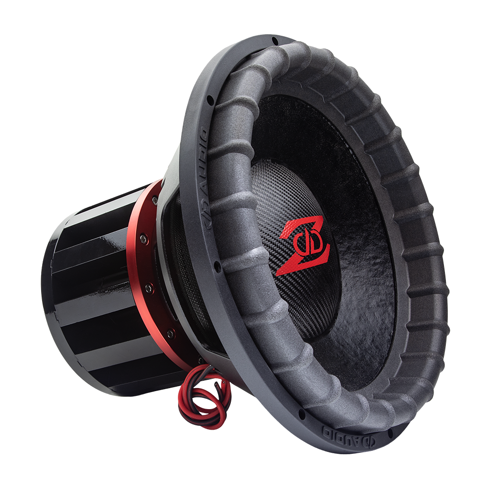 Photo of Z315 profile shot to show surround, part of cone, dustcap, and logo, basket, red anodized aluminum top plate, the neo pillar motor and leads