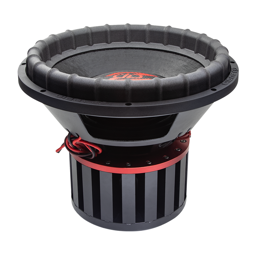 Photo of Z415 from top to bottom to show surround, part of cone, dustcap, and logo, the basket, red anodized aluminum top plate, neo pillar motor and leads