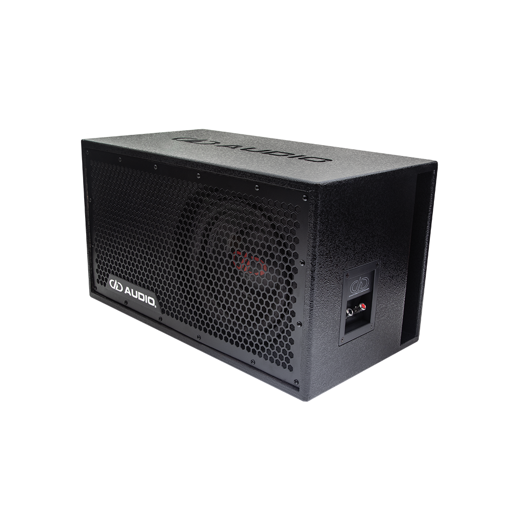 LE-C510.1 Photo angled to the left showing the full frame protective grill, the single 500 Series 10 inch subwoofer, the side firing port, and push connector panel