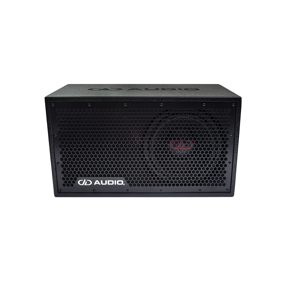 LE-C510.1 Photo of the front face showing the protective full frame grill and single 500 Series 10 inch subwoofer, while back angle shows the top which includes an recessed DD AUDIO logo